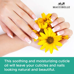 Maccibelle Cuticle Oil in hand applying gently nourishes cuticles.
