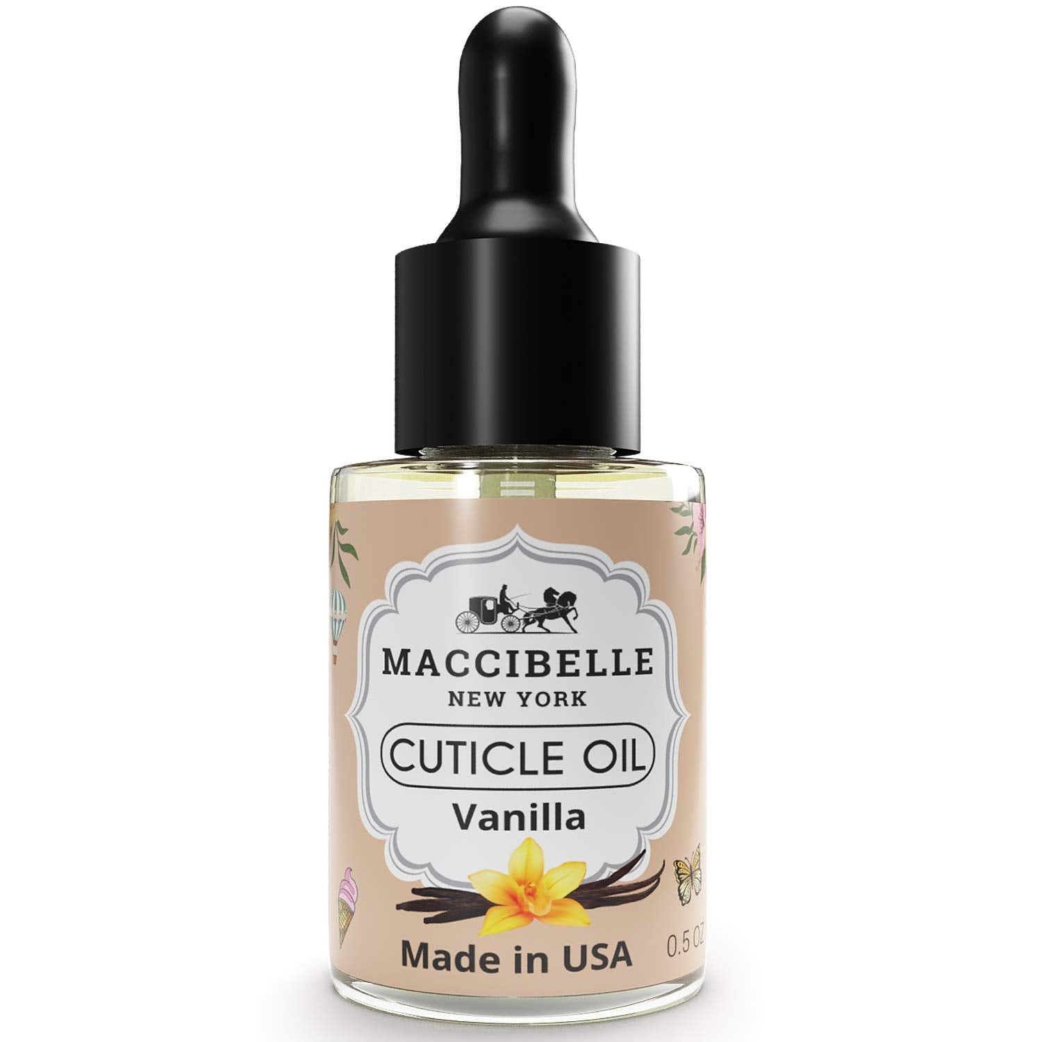 Maccibelle Cuticle Oil bottle close-up with honey glow for dry cuticle care.