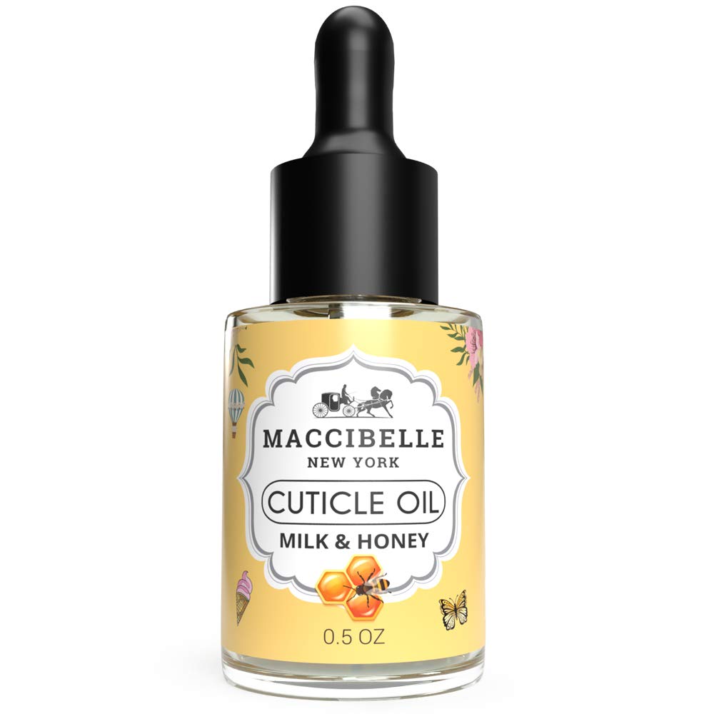 Maccibelle Cuticle Oil bottle with milk and honey scent nourishes dry cuticles.