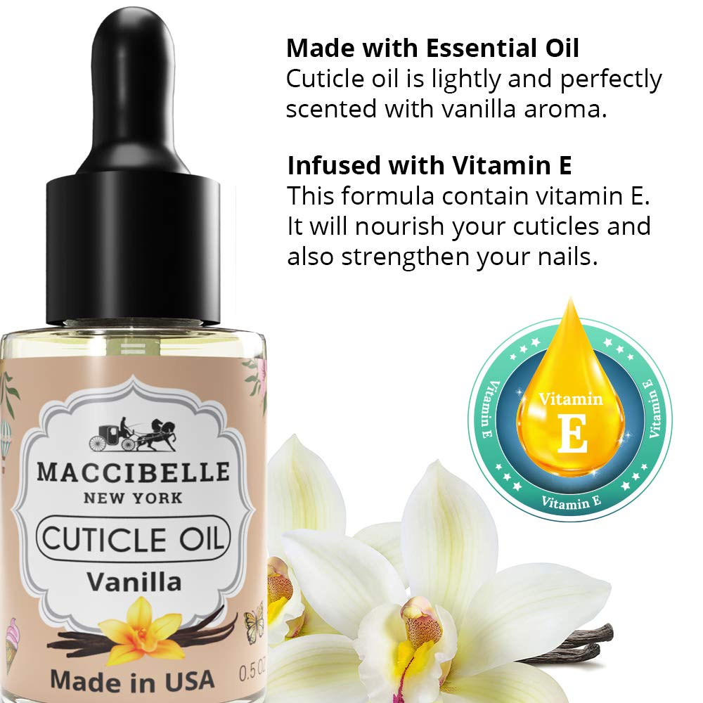 Maccibelle Cuticle Oil glass dropper shows sanitary, precise application for nails.