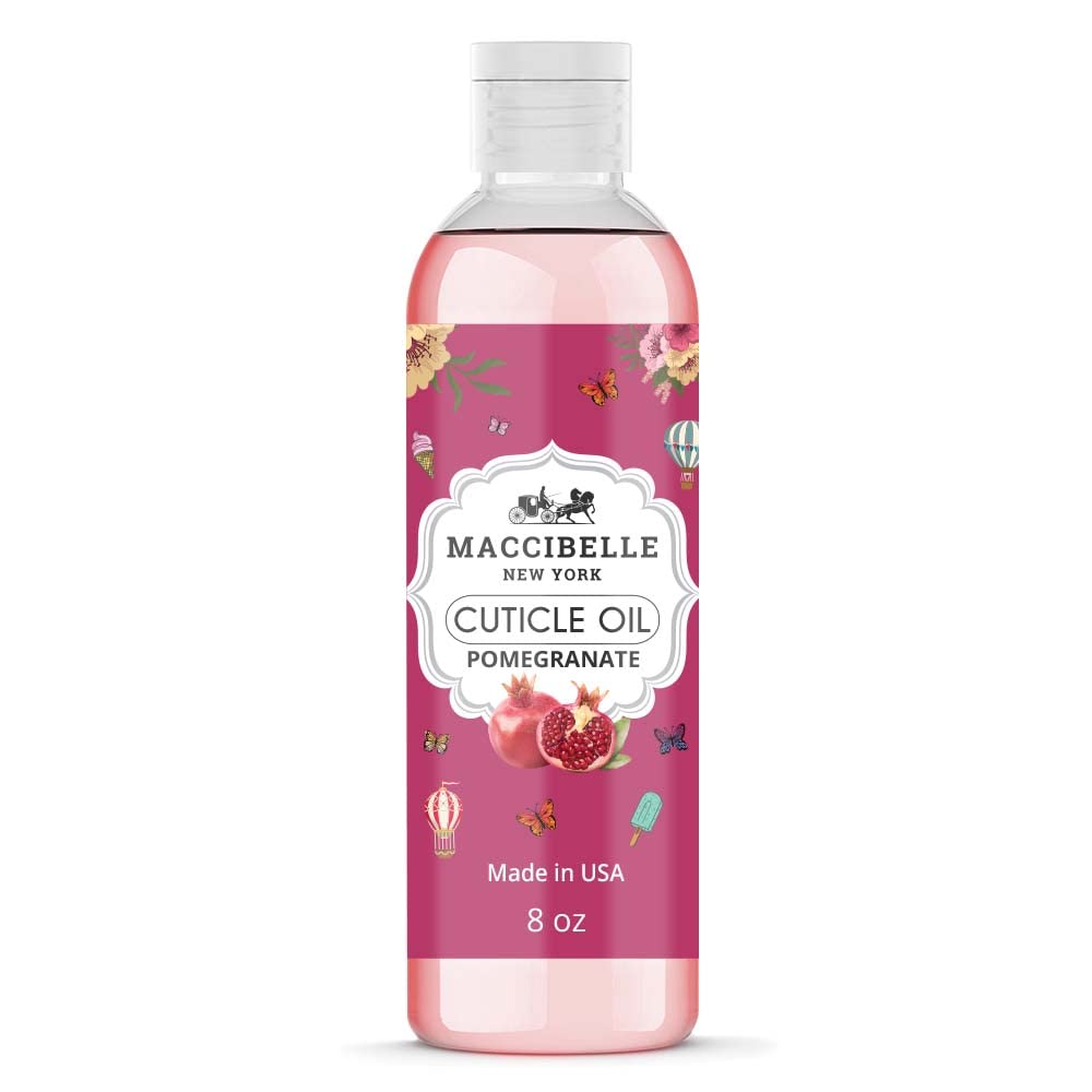 Maccibelle cuticle oil bottle applying on nails with pomegranate scent