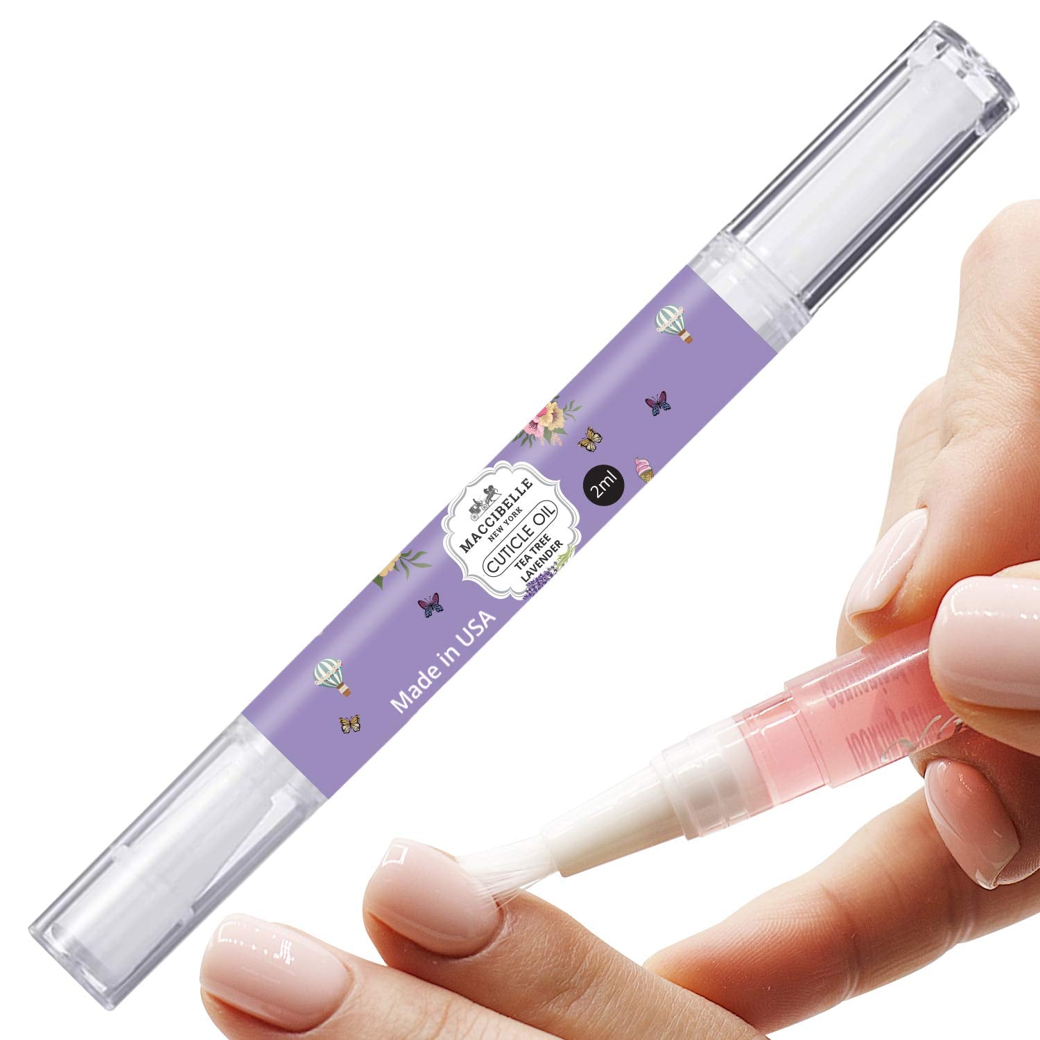 Applying Maccibelle cuticle oil to a nail cuticle