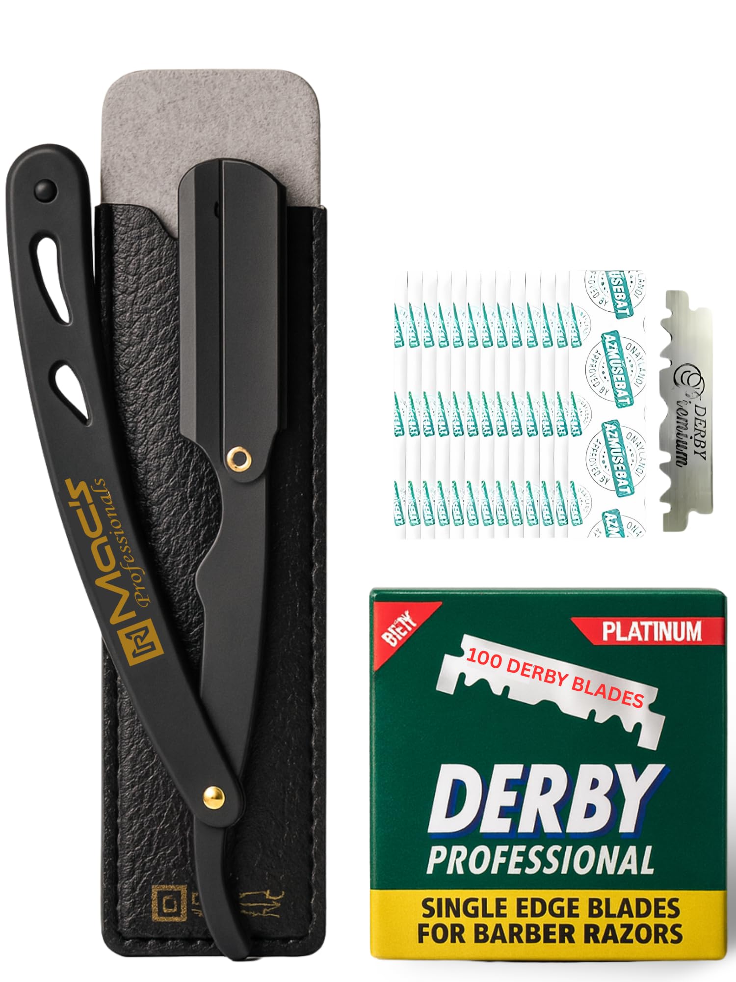 Macs Professional straight razor with Derby blades and pouch for precise, barbershop-quality shaving at home