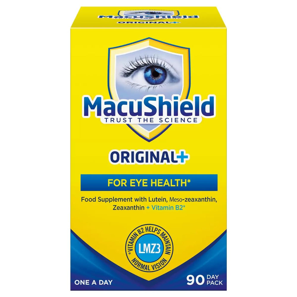 MacuShield capsules close-up showing easy-to-swallow soft gels for daily eye support.
