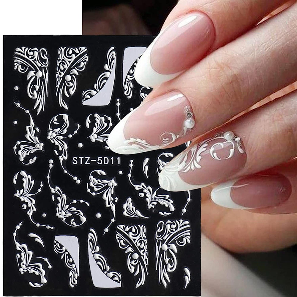 Macute white flower decals for wedding nails with soft shimmer