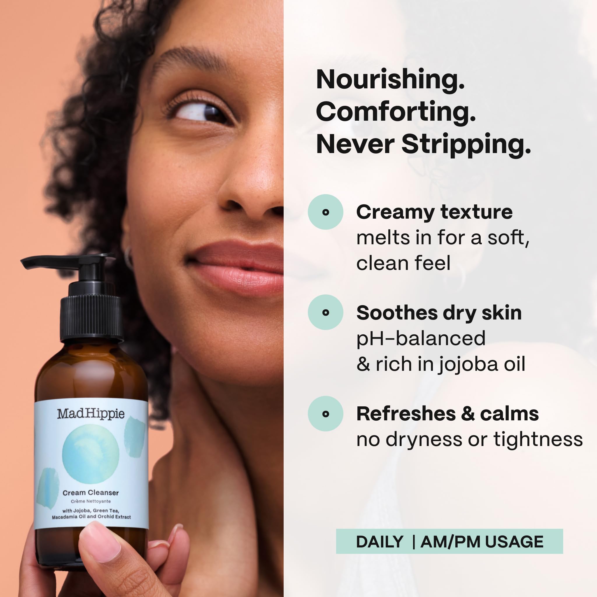 Mad Hippie Cream Cleanser with green tea extract provides antioxidant support during cleansing.
