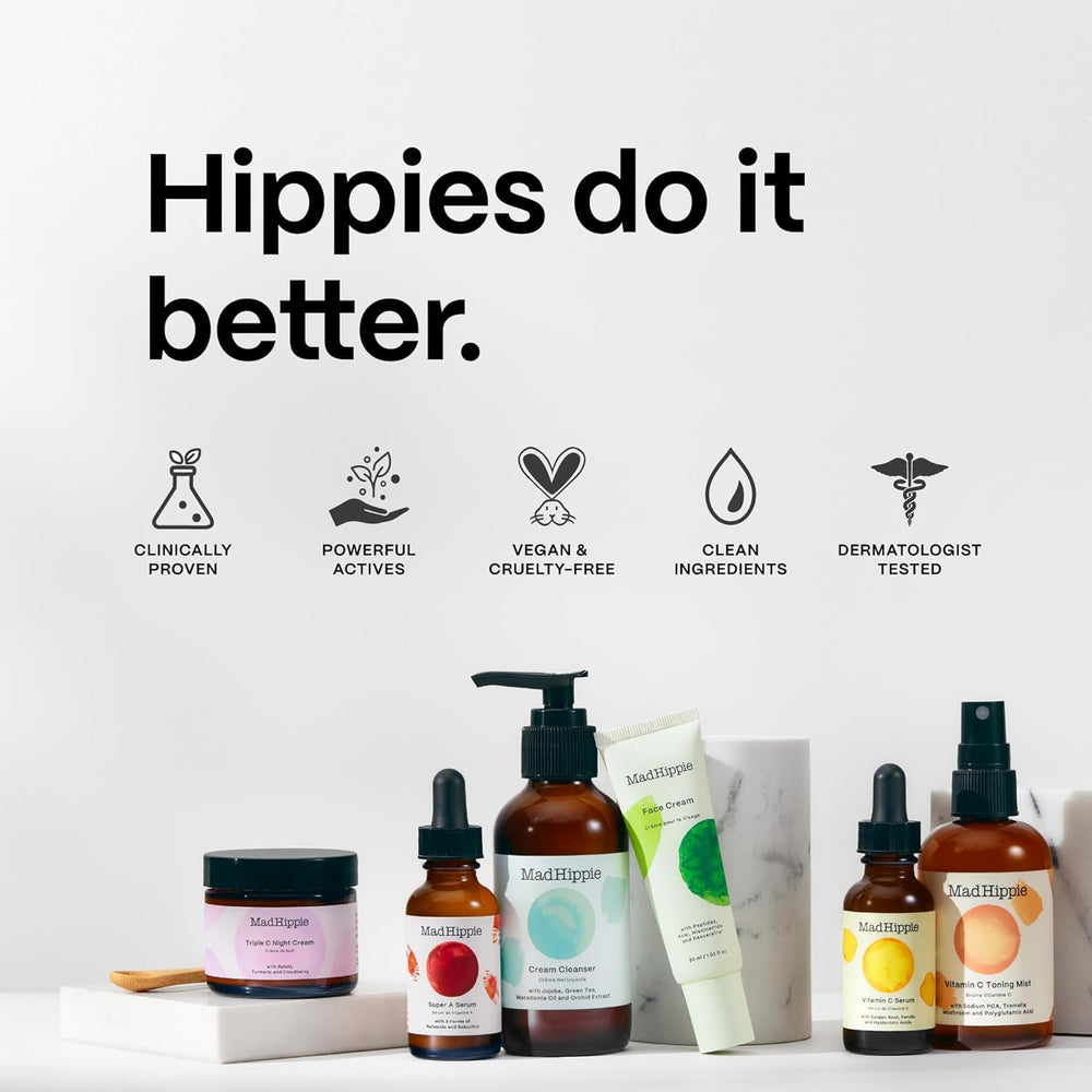 Mad Hippie Face Cream swirled on finger, indicating smooth absorption.