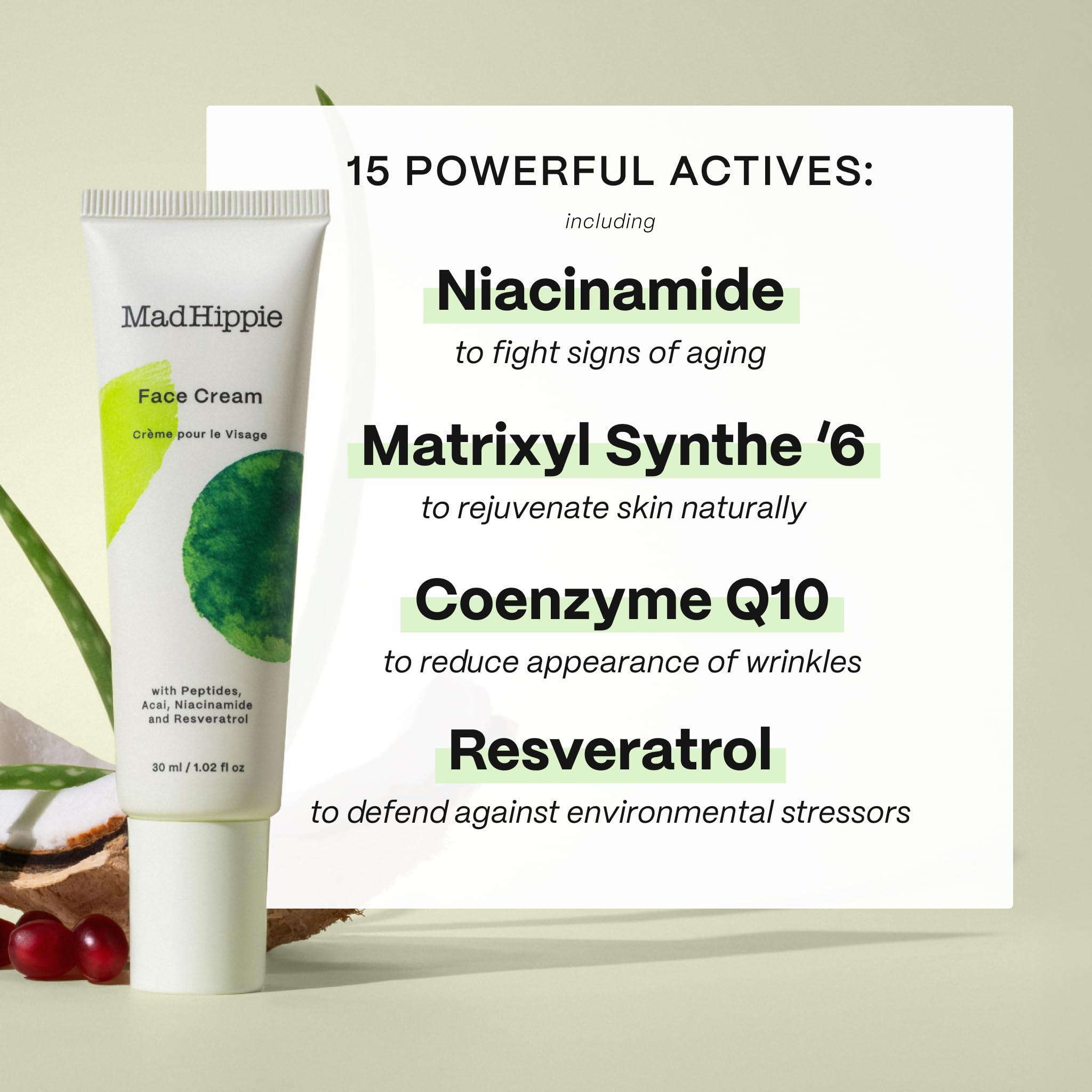 Mad Hippie Face Cream ingredient panel featuring niacinamide and peptides for firming.