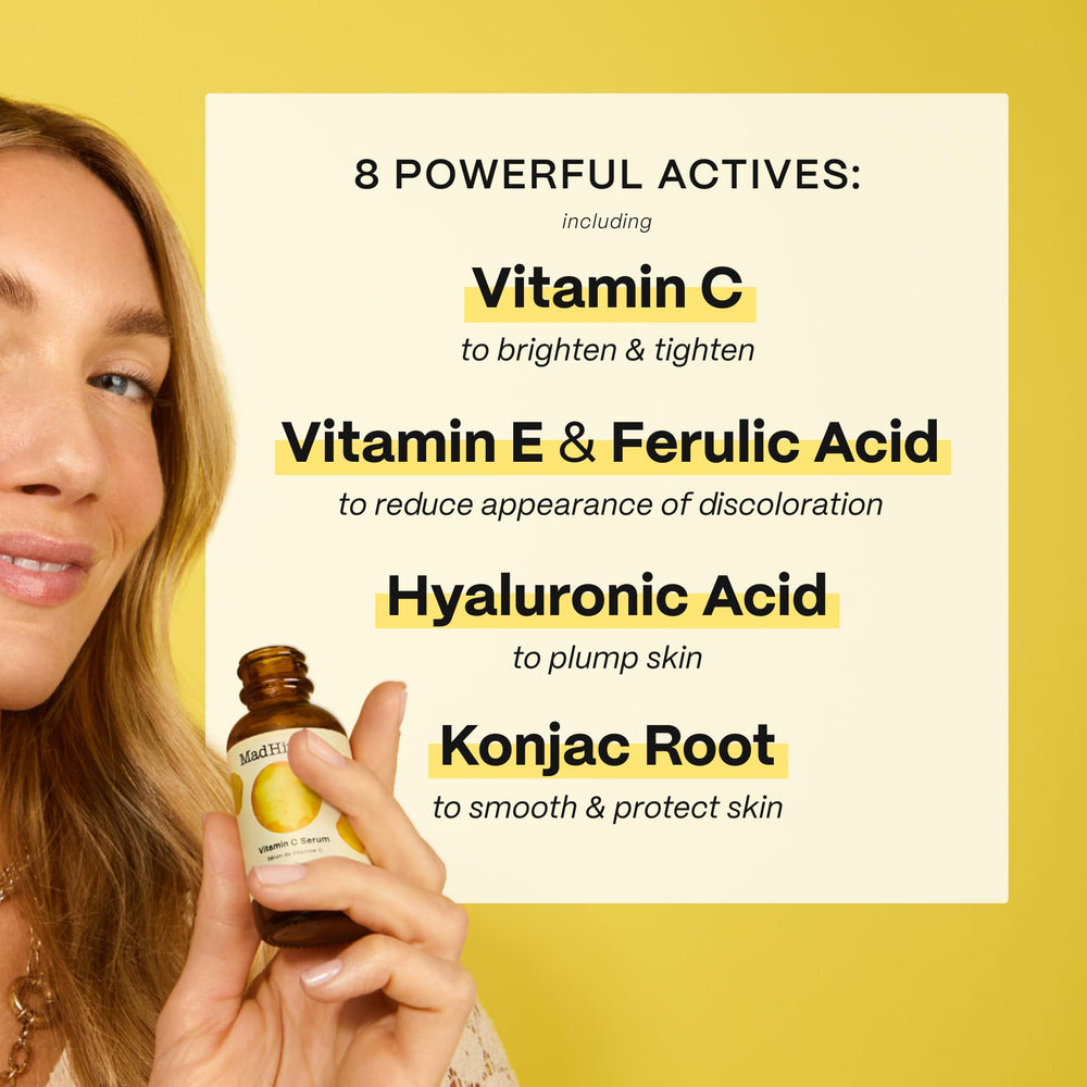 Étiquette claire du sérum Mad Hippie Vitamin C, usage simple dans la routine.