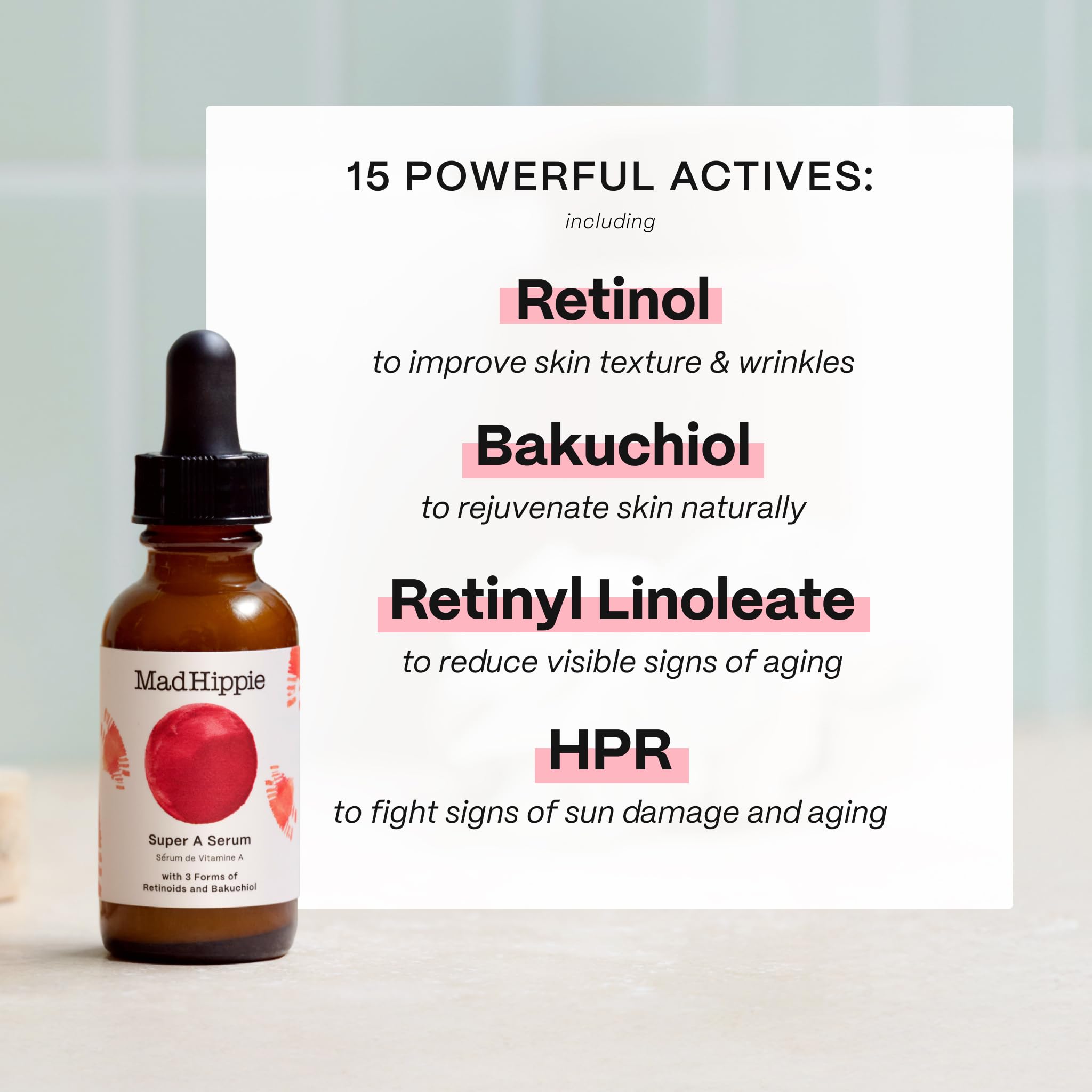 Mad Hippie Super A Serum on the face closeup for gentle absorption and glow.