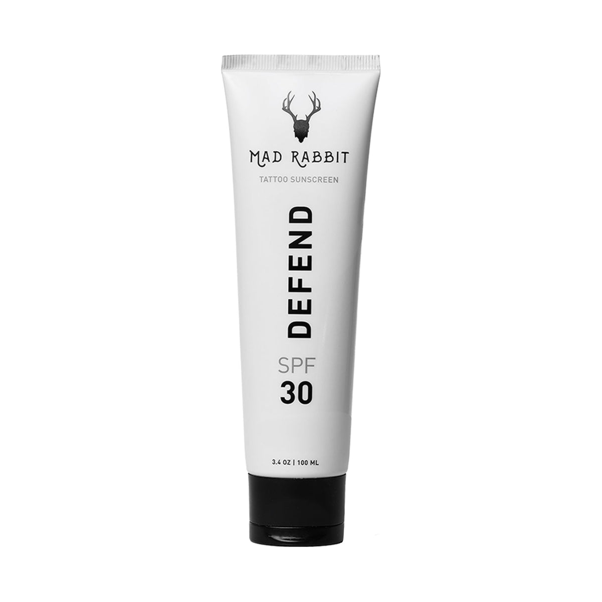 Mad Rabbit Defend tattoo sunscreen SPF 30 tube protects tattoos from sun exposure.