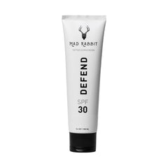 Mad Rabbit Defend tattoo sunscreen SPF 30 tube protects tattoos from sun exposure.