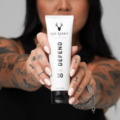 Vitamin C and rosehip oil antioxidants in Mad Rabbit Defend for skin vitality.