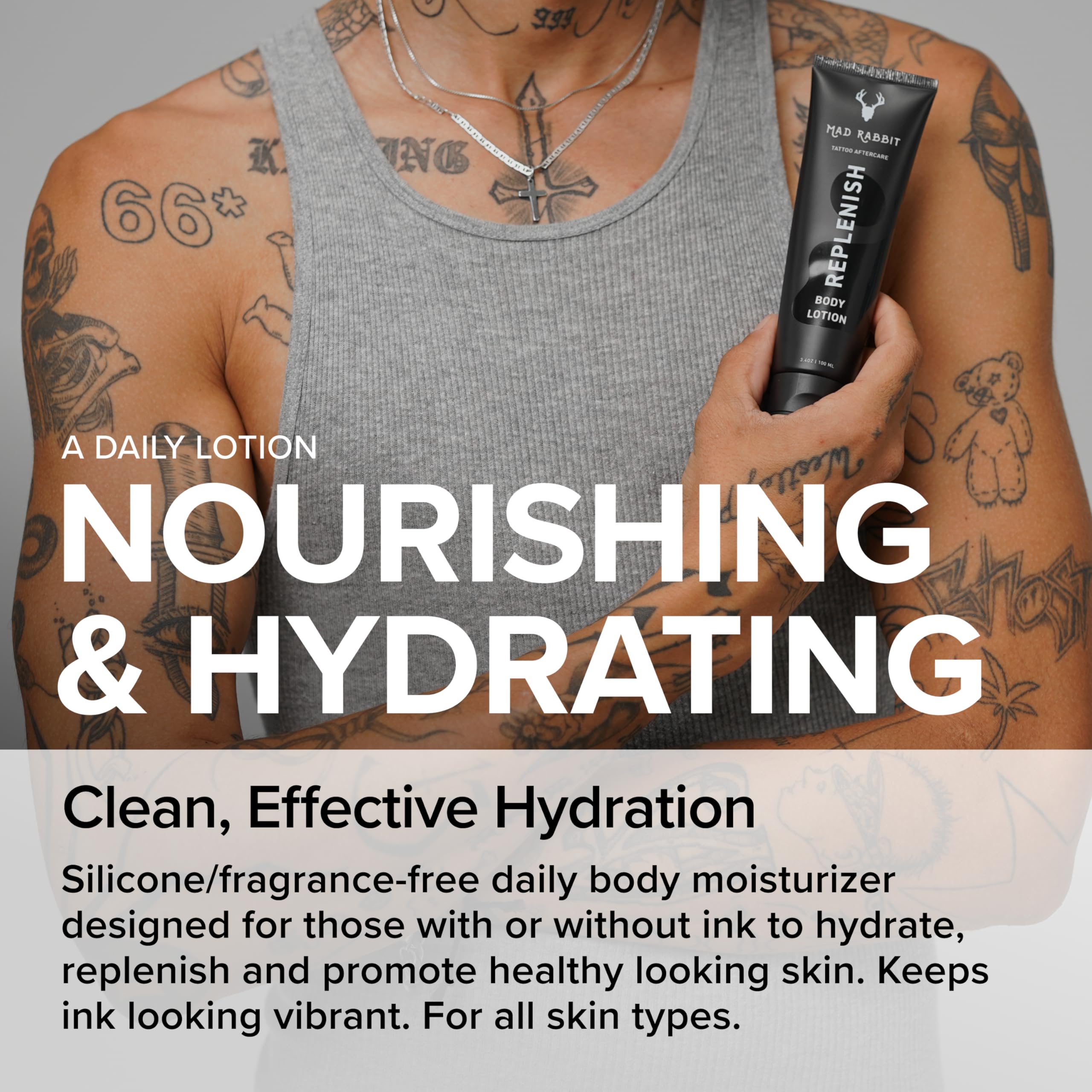 Mad Rabbit Replenish on tattooed skin providing fragrance-free hydration.