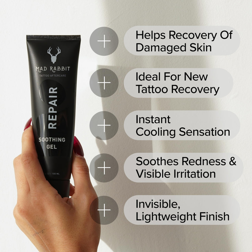 Mad Rabbit Tattoo Aftercare Gel being applied, calming irritated skin with lightweight botanicals