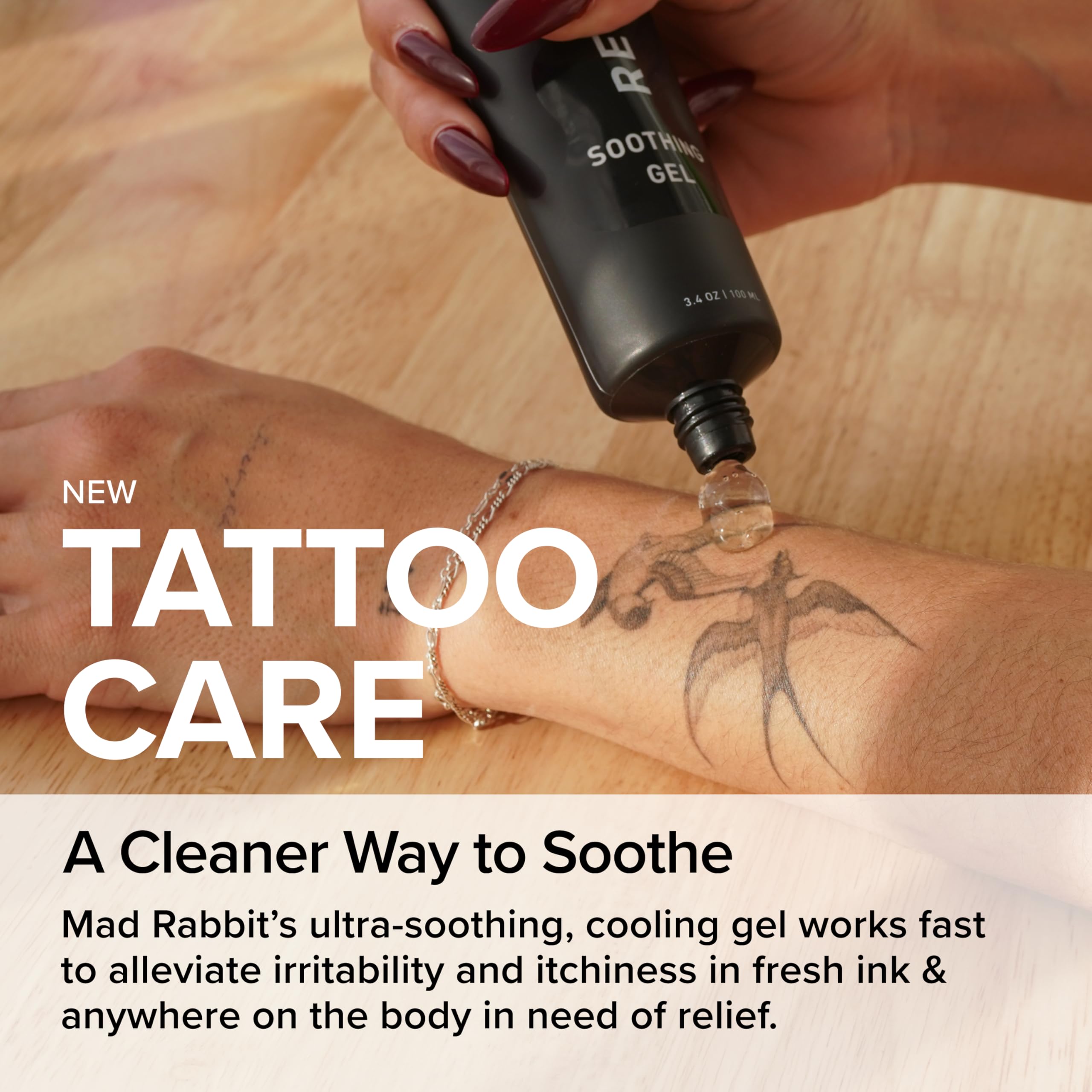 Mad Rabbit Tattoo Aftercare Gel close-up, soothing aloe and bisabolol for cooling relief