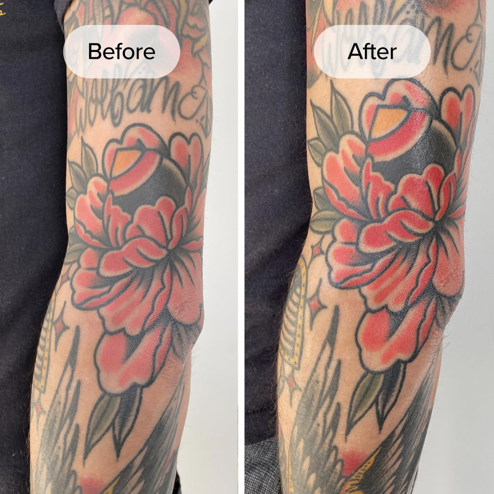 Mad Rabbit Tattoo Balm on forearm tattoo demonstrating hydration and depth.
