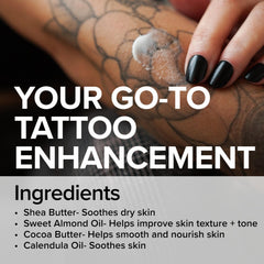 Mad Rabbit Tattoo Balm warmed in hands for easy application.