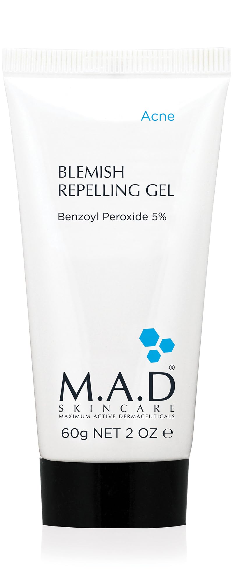 M.A.D Skincare Blemish Repelling Gel bottle demonstrates acne-fighting action and pore refinement.