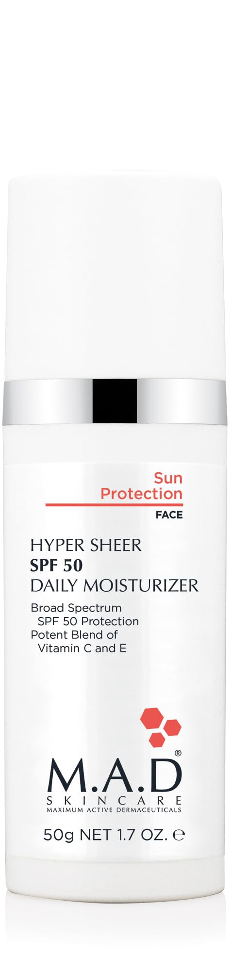 M.A.D Skincare Hyper Sheer SPF 50 daily moisturizer bottle offers lightweight hydration and sun protection.