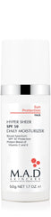 M.A.D Skincare Hyper Sheer SPF 50 daily moisturizer bottle offers lightweight hydration and sun protection.