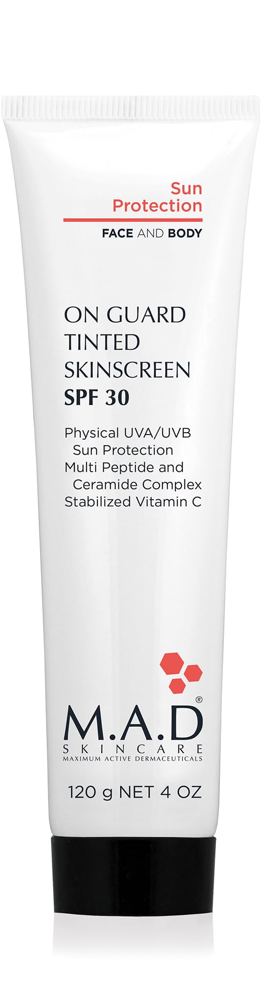 M.A.D Skincare On Guard tinted skinscreen bottle delivers lightweight sun protection with hydration.