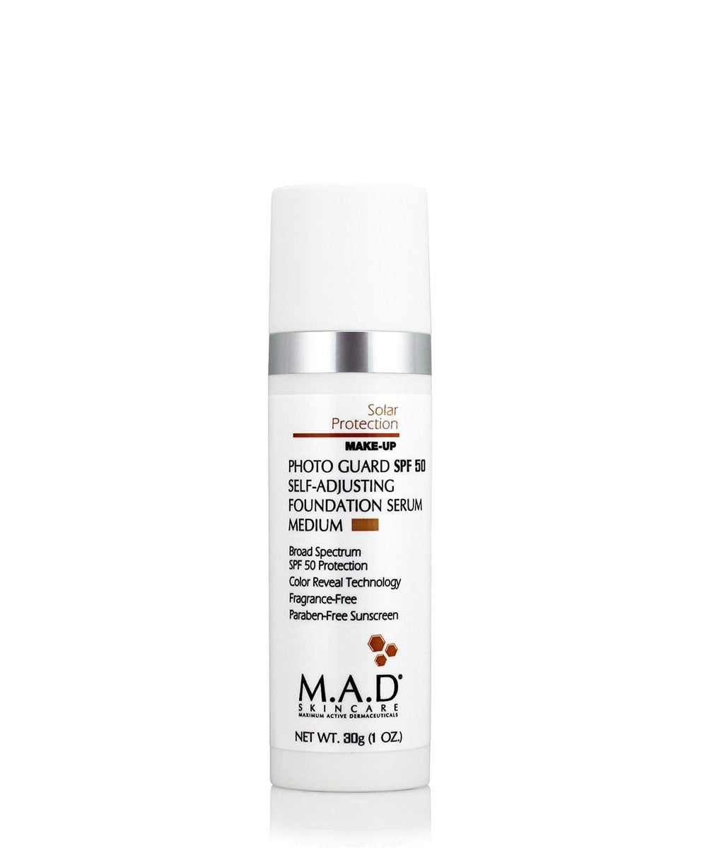 M.A.D Skincare Photo Guard SPF 50 foundation-serum in Medium, self-adjusting shade for an even, radiant complexion.