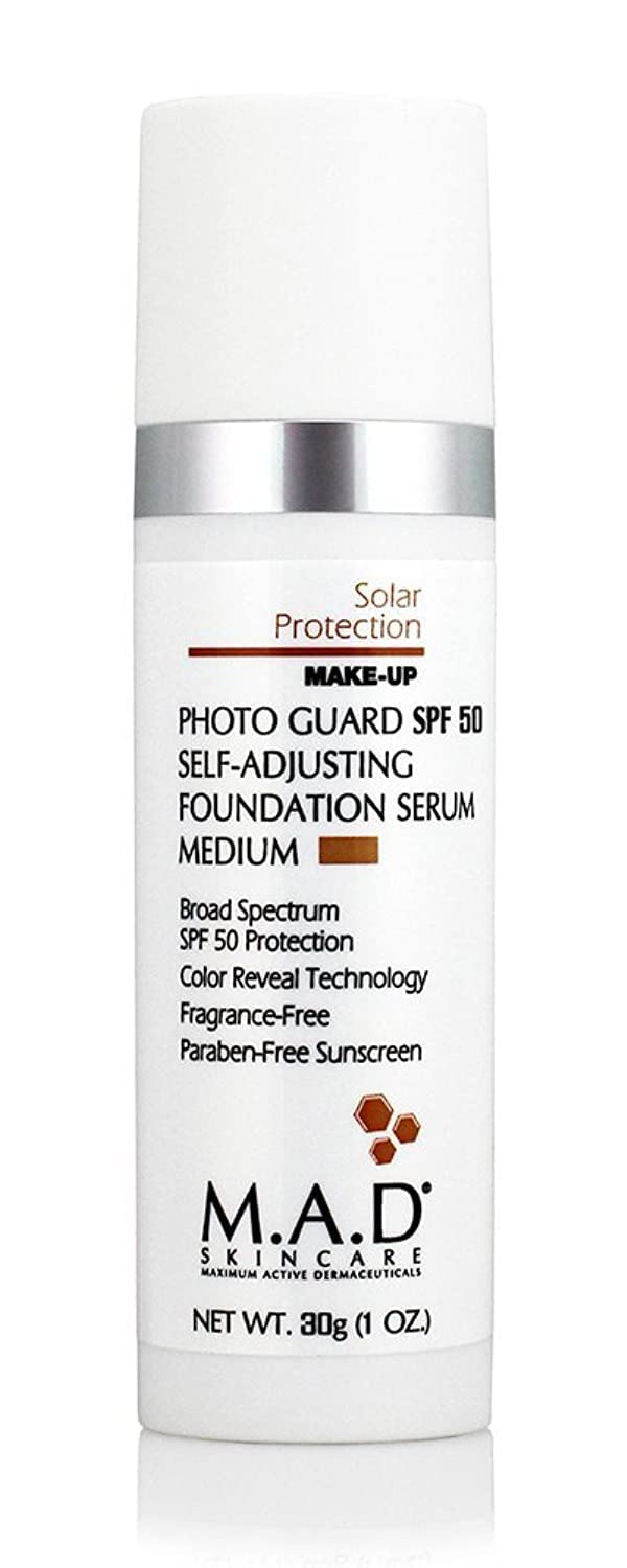 M.A.D Skincare Photo Guard SPF 50 Medium bottle, quick sun protection with tone adjustment.