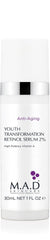 M.A.D Skincare Youth Transformation Retinol Serum bottle with hyaluronic acid for hydrated, refined skin.