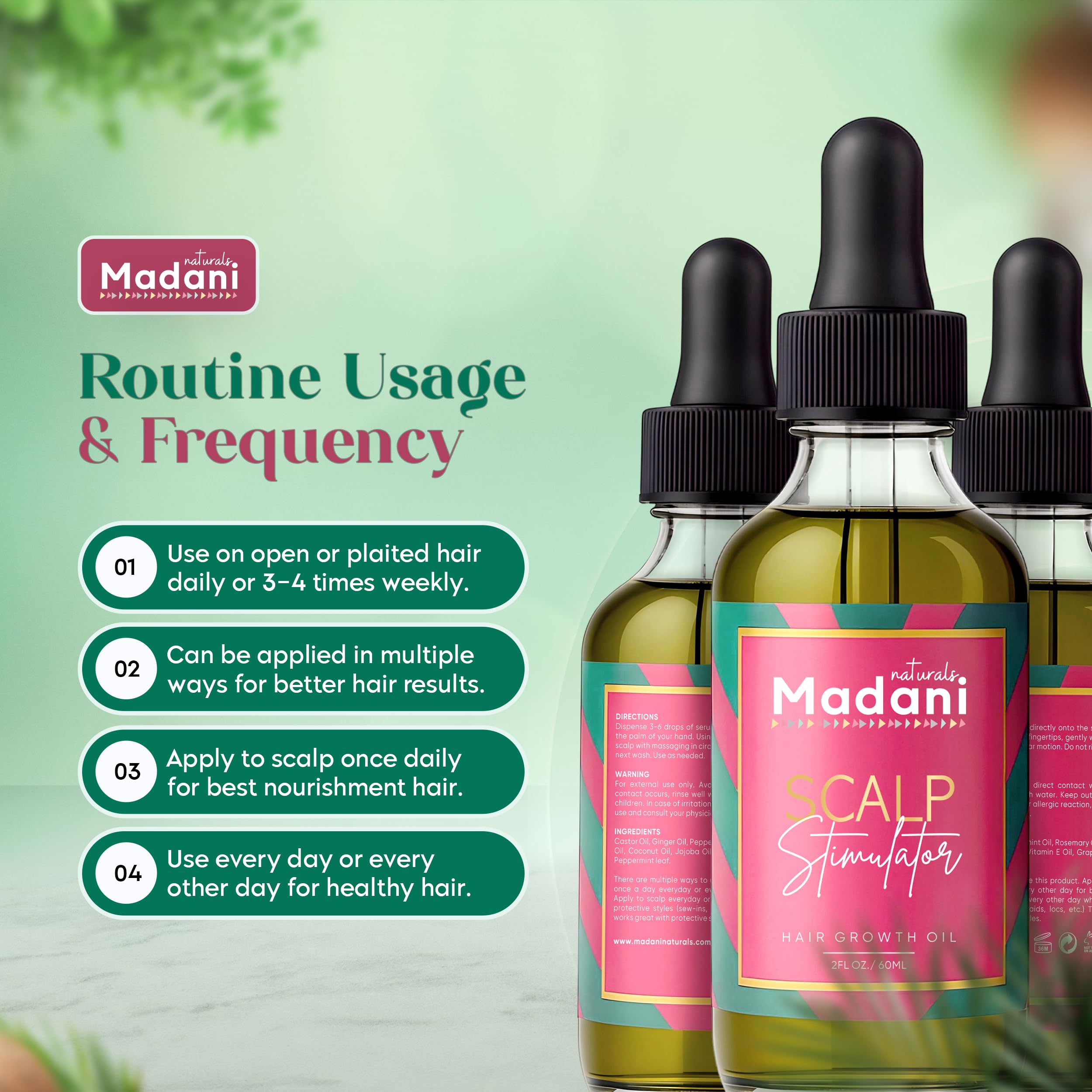 Madani Naturals hair finish image showing shine and healthier feel after use.