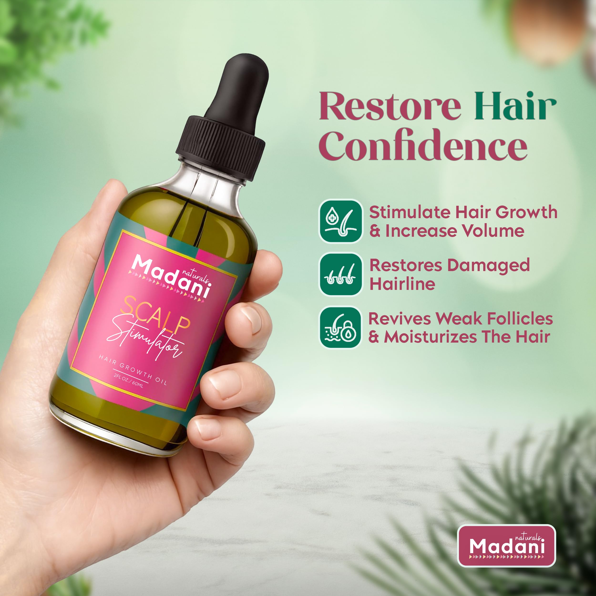 Madani Naturals rosemary oil drops showing refreshing aroma and potential scalp nourishment.