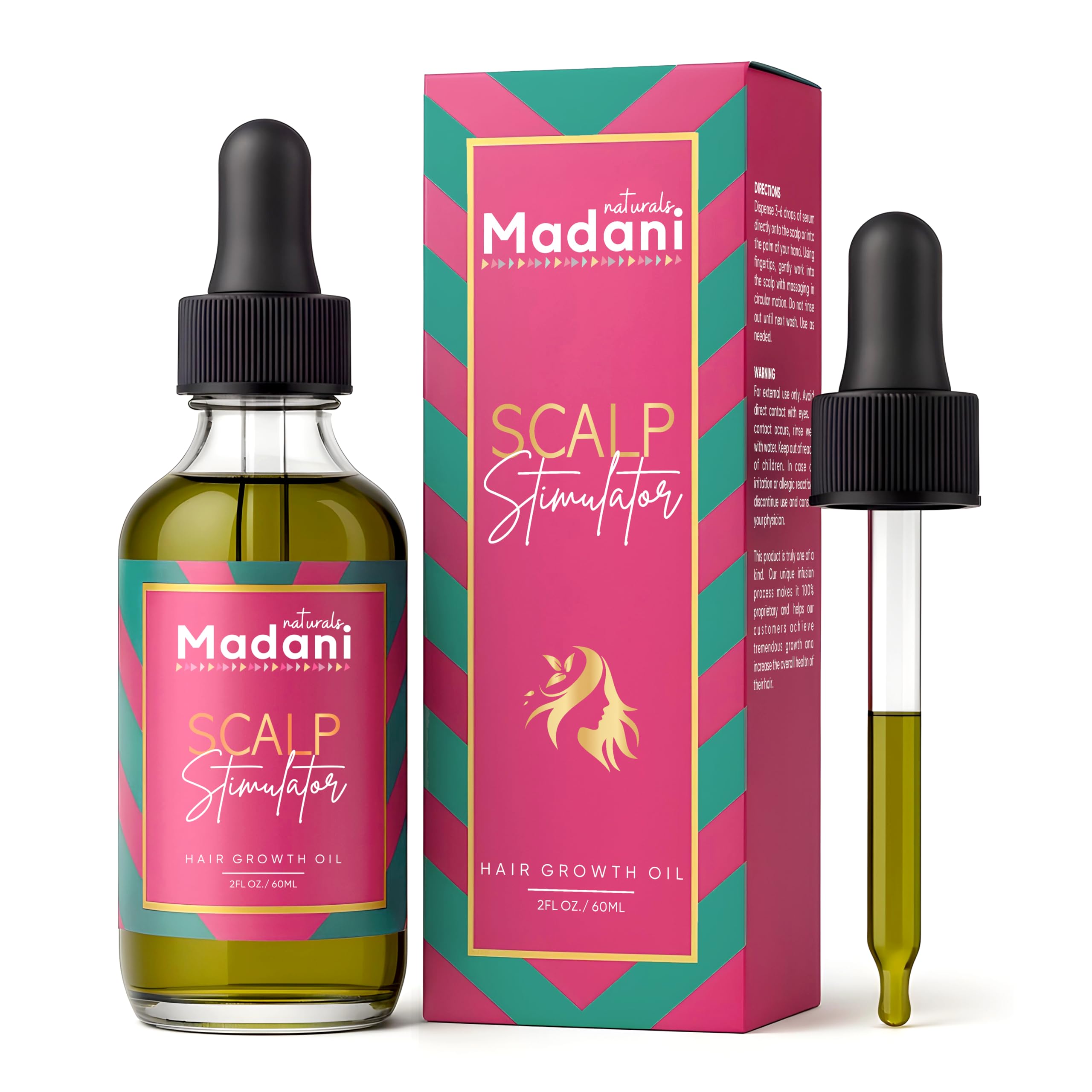 Madani Naturals Scalp Stimulator bottle pour for targeted scalp care and easy application.