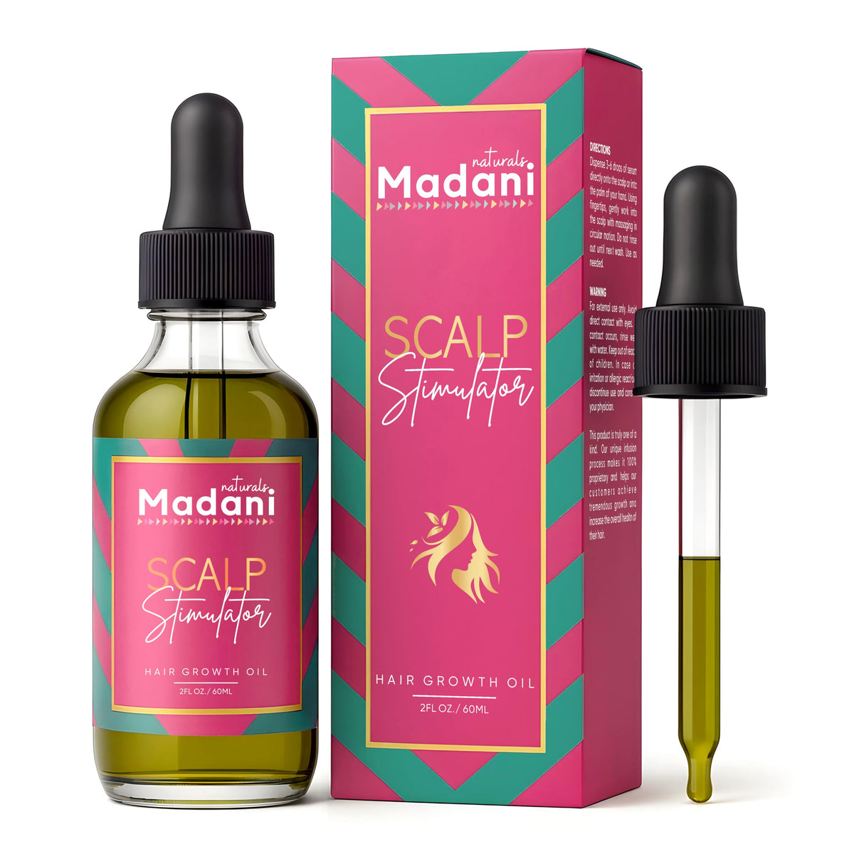 Madani Naturals Scalp Stimulator bottle pour for targeted scalp care and easy application.