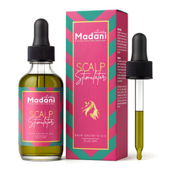 Madani Naturals Scalp Stimulator bottle pour for targeted scalp care and easy application.
