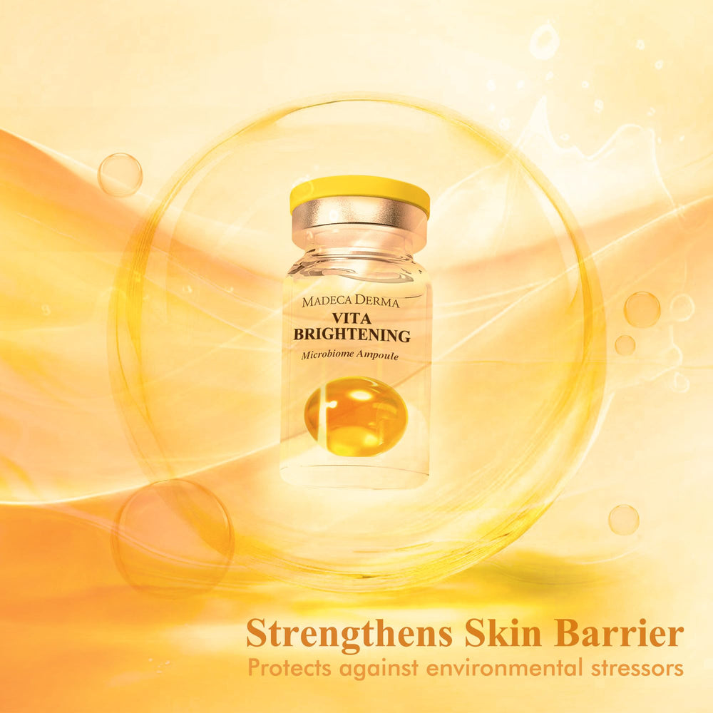 Product label of Madeca Derma Vita Brightening Ampoule highlighting vitamins C & E.