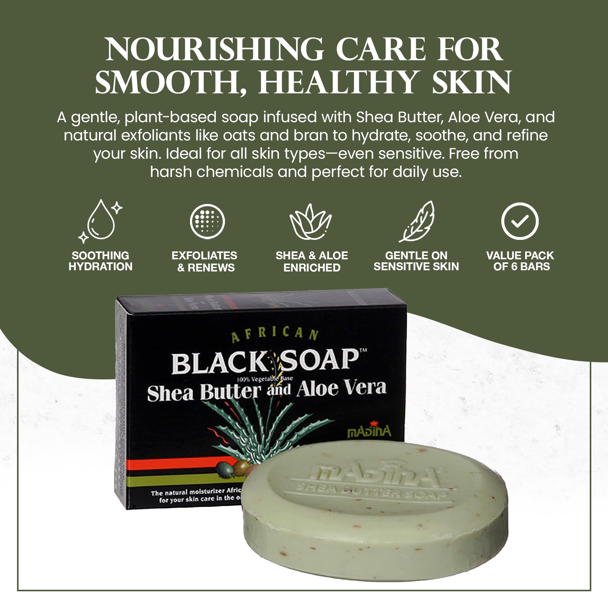 Madina African Black Soap Bar close-up shows shea butter for hydration.