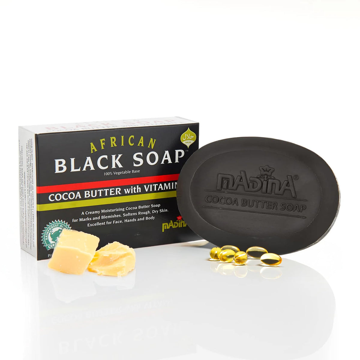 Madina African Black Soap Bar cocoa butter for deep hydration and smoother skin.