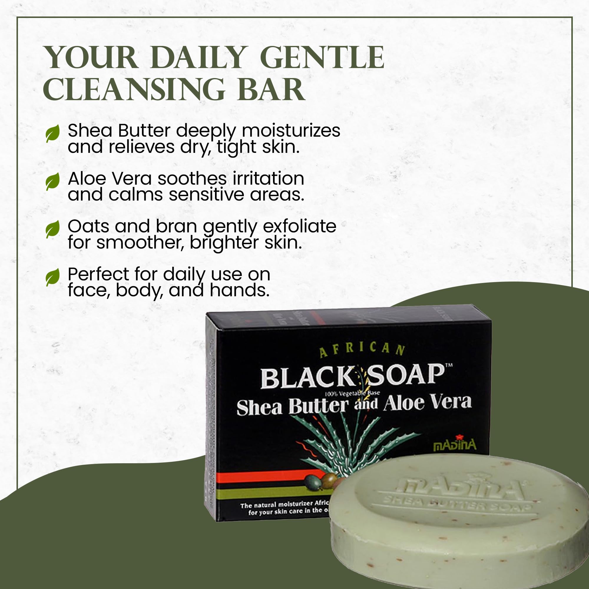 Madina African Black Soap Bar exfoliation with oats and bran.