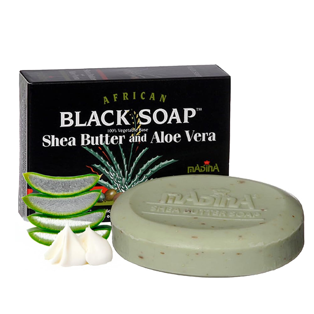 Madina African Black Soap Bar packaging for all skin types.