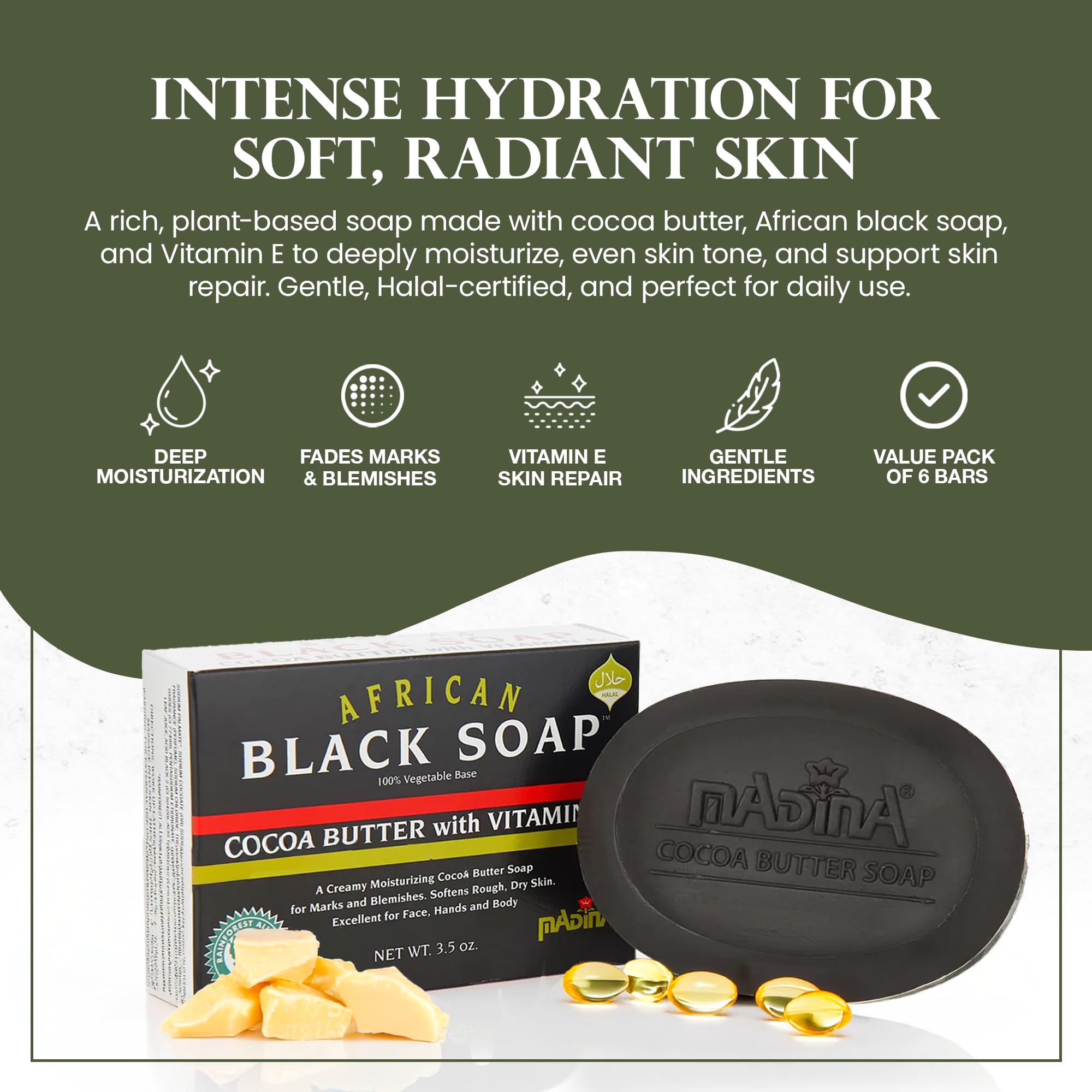 Madina African Black Soap Bar with vitamin E for skin repair and protection.