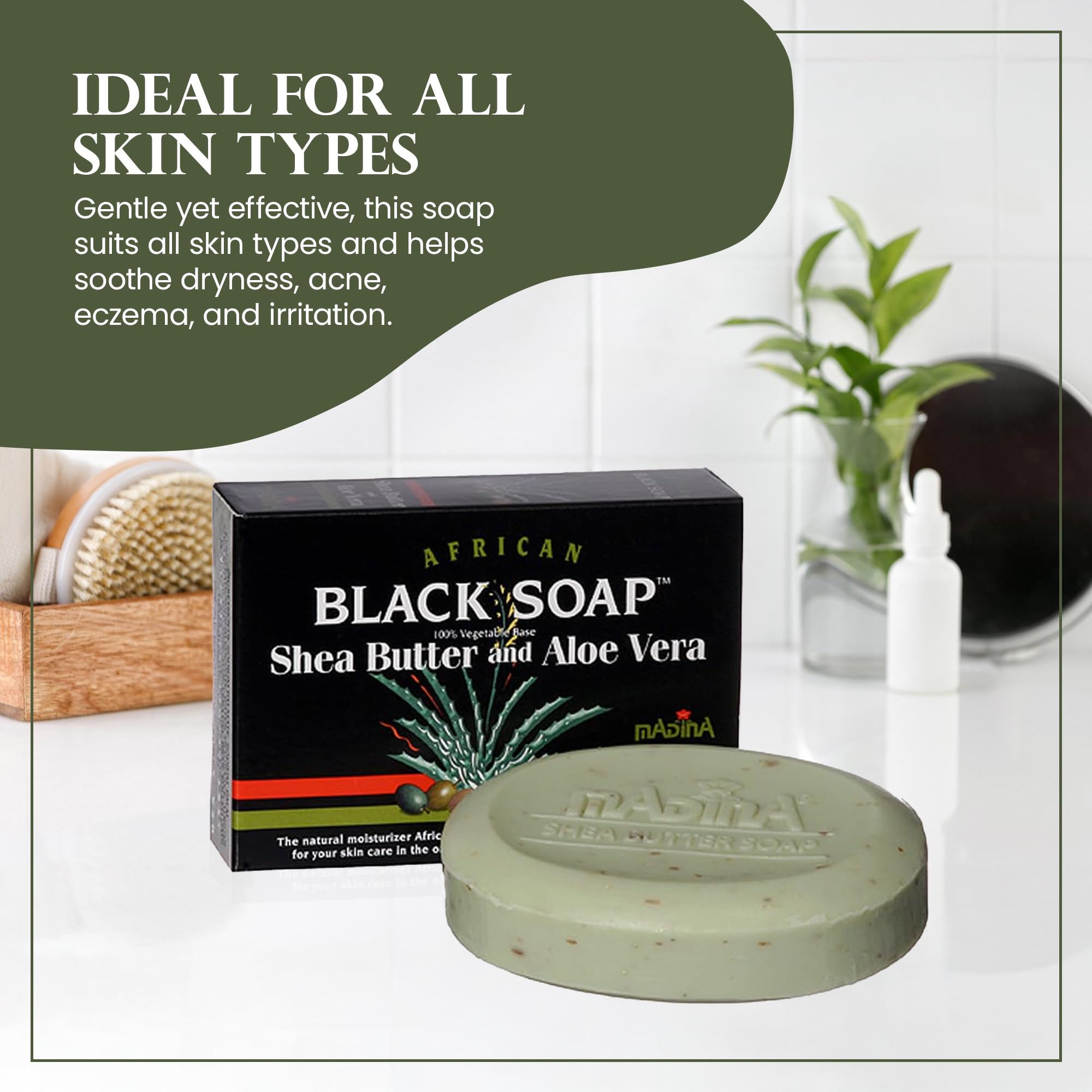 Madina African Black Soap Bar six-pack display.