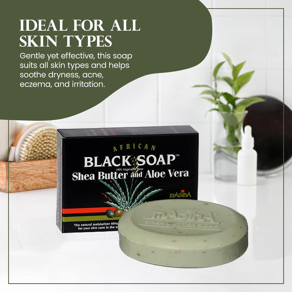 Madina African Black Soap Bar six-pack display.