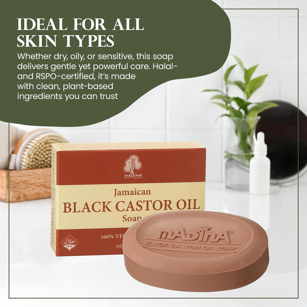 Madina Jamaican Black Castor Oil Soap Bar in shower suggests daily use and refreshed skin.