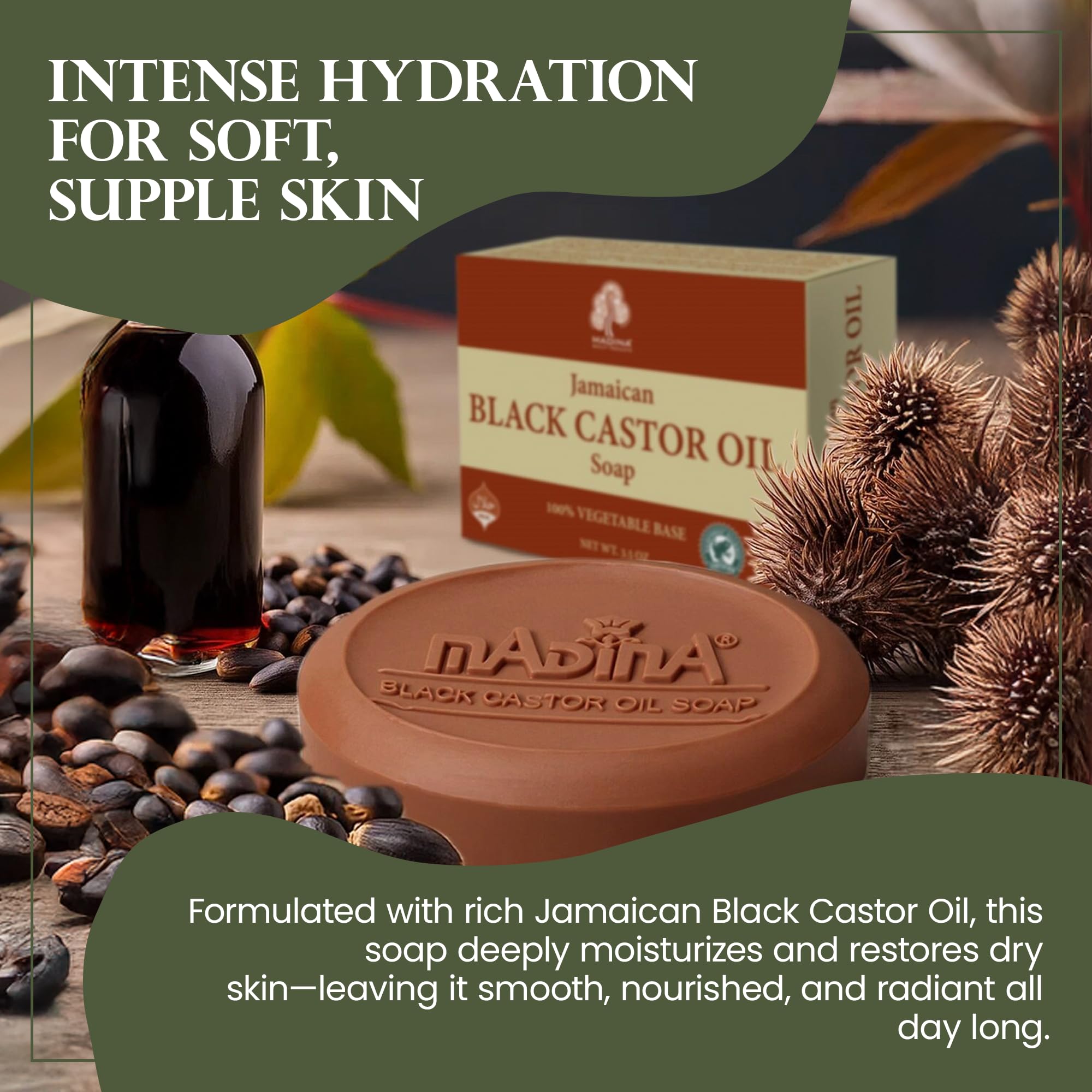Madina Jamaican Black Castor Oil Soap Bar ingredients spotlight plant-based formula.