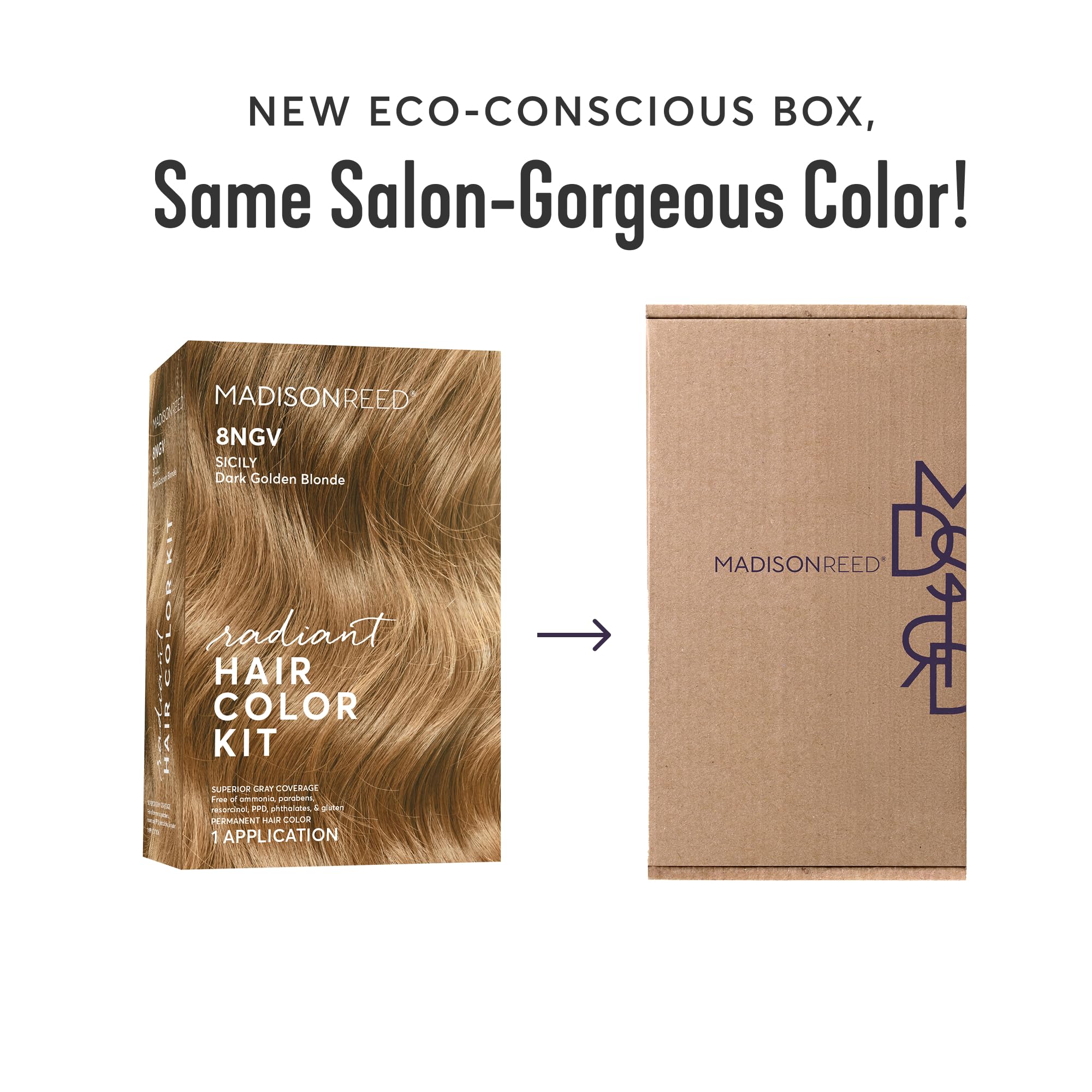 Madison Reed 8NGV box highlights dark golden blonde with champagne tones.