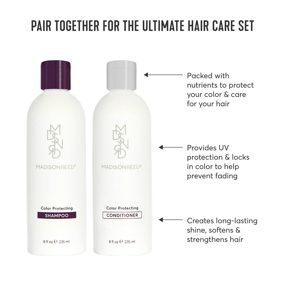 Madison Reed Color Protect Shampoo bottle side demonstrates gentle cleansing for color-treated hair.