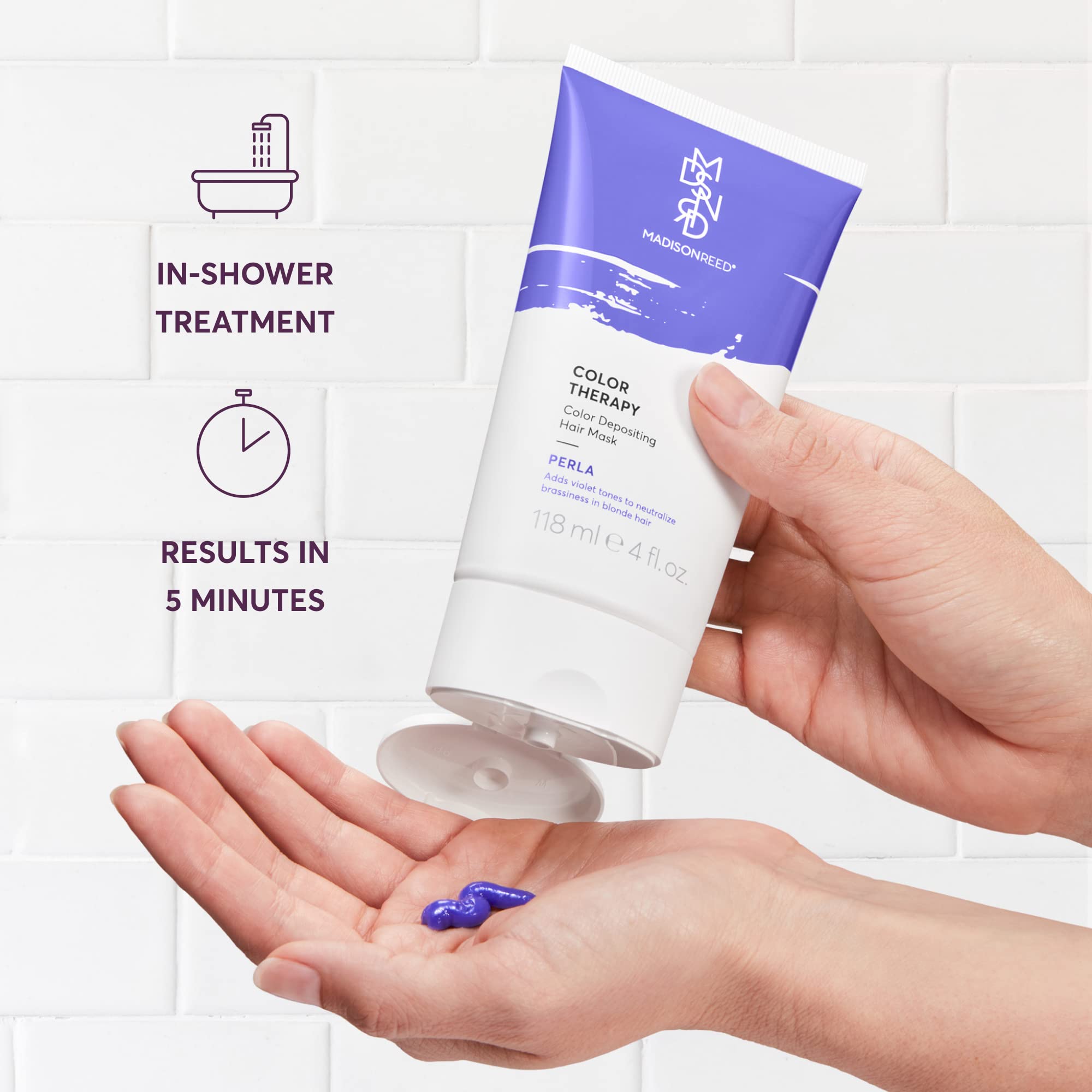 Applying Madison Reed Color Therapy Perla mask in the shower for quick refresh