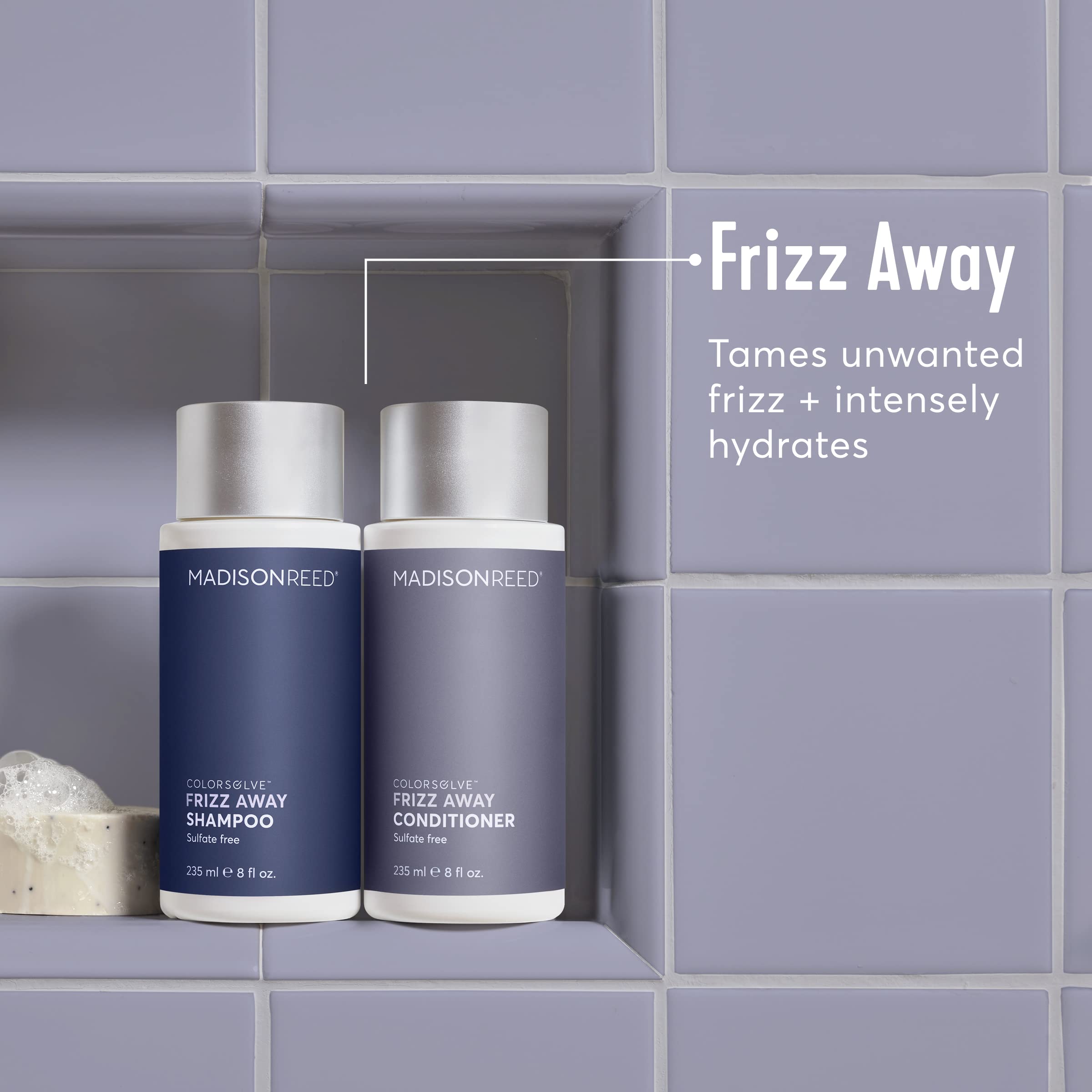 Madison Reed ColorSolve Frizz Control Shampoo on a model with smooth, frizz-free hair.