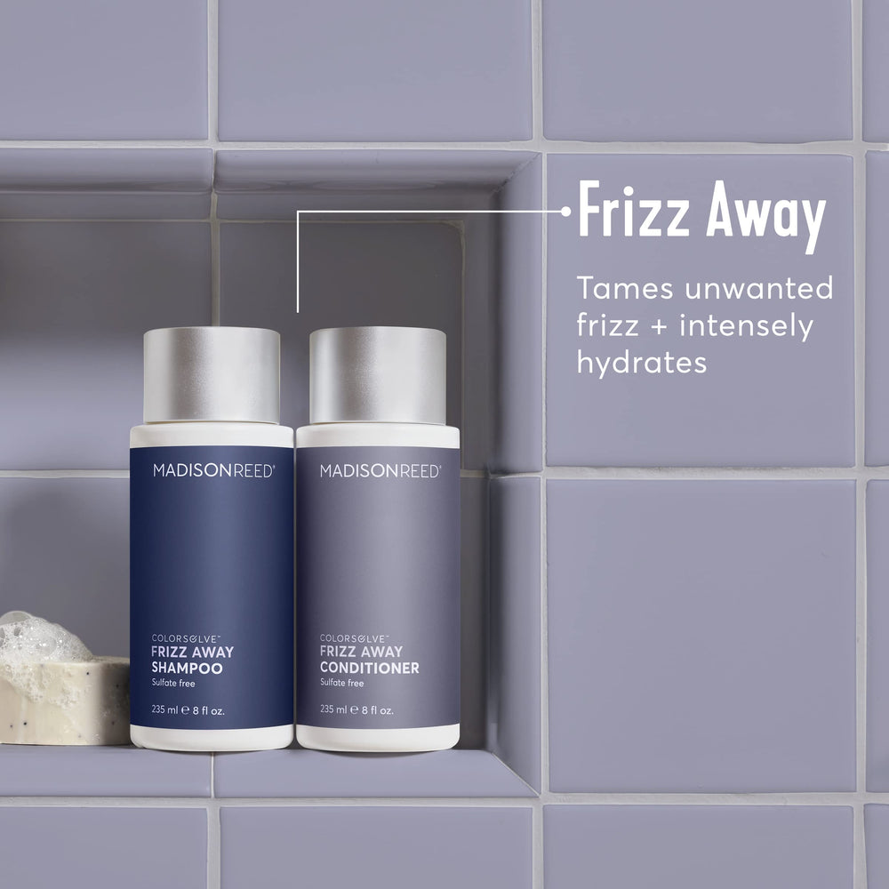 Madison Reed ColorSolve Frizz Control Shampoo on a model with smooth, frizz-free hair.