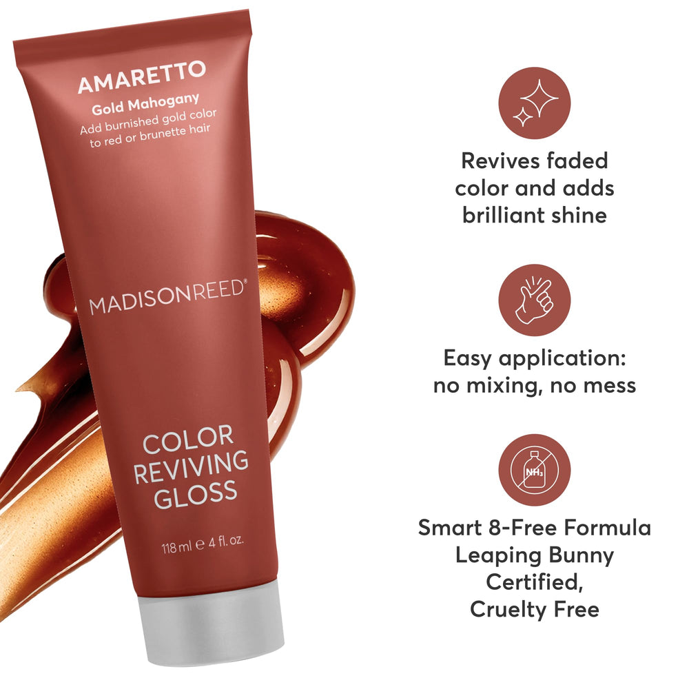 Close-up of Madison Reed gloss on brunette hair showing radiant shine.